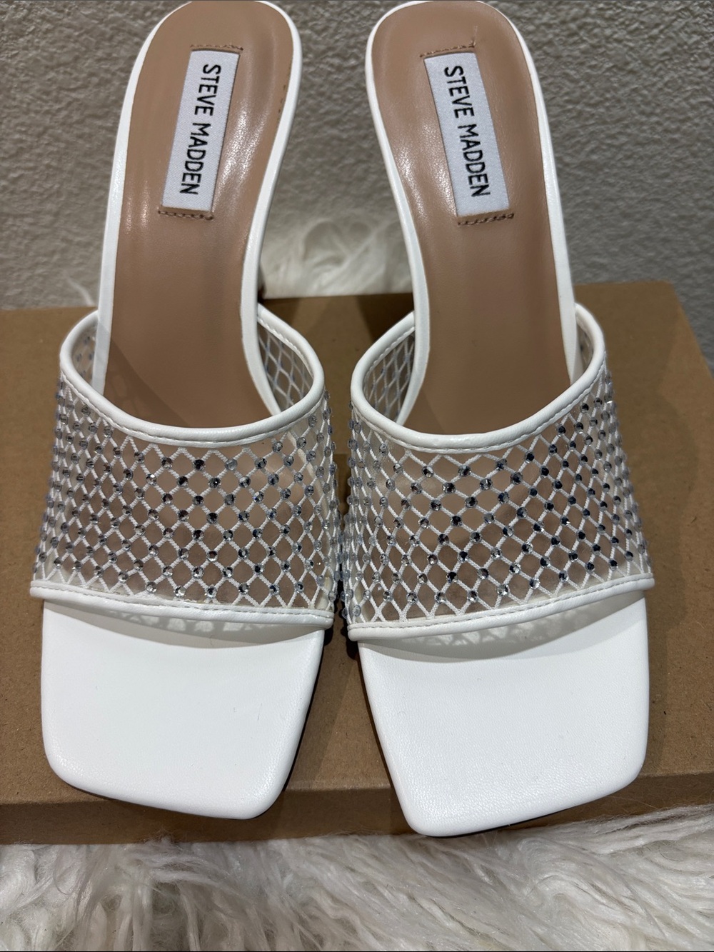 Steve Madden White Rhinestone Mesh Square-Toe Slide Mules